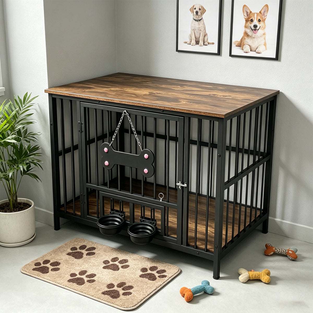 Vintage Wood Grain Dog Cage with 360 Degree Rotating Bowl