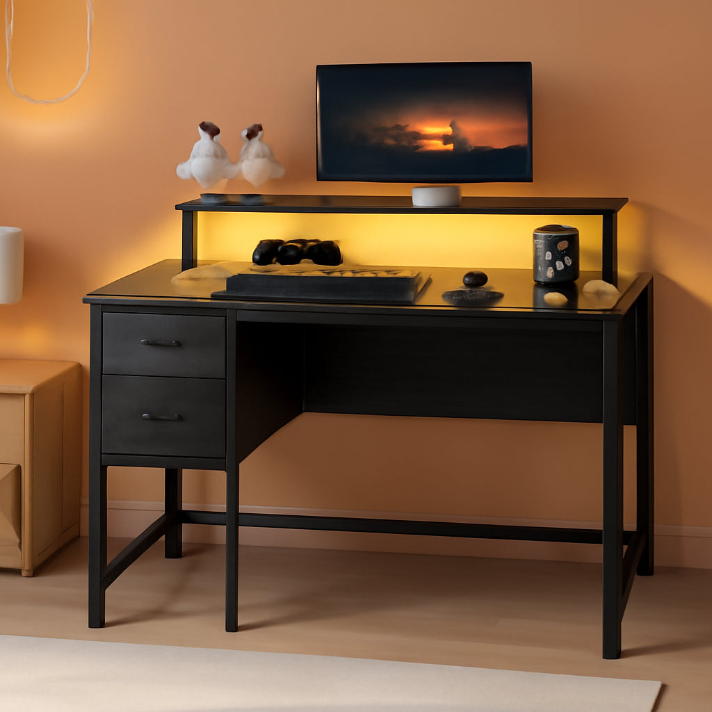 47 Inch Computer Desk With 4 Drawers And LED Lights Black