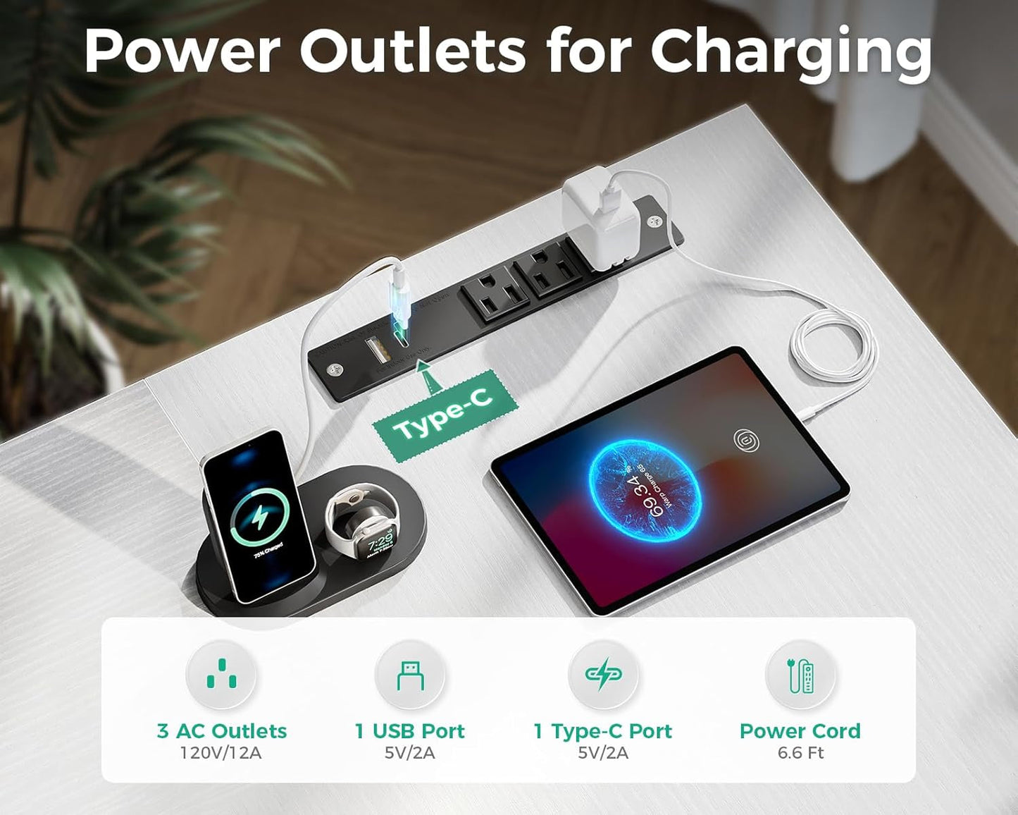 L Shaped Computer Desk 6 Drawers Power Outlet 55In White