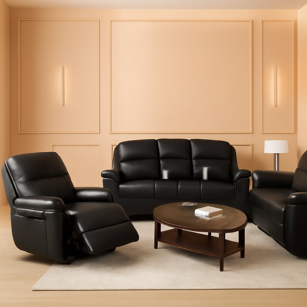 Manual Recliner Sofa Set Black Bonded Leather Cup Holders