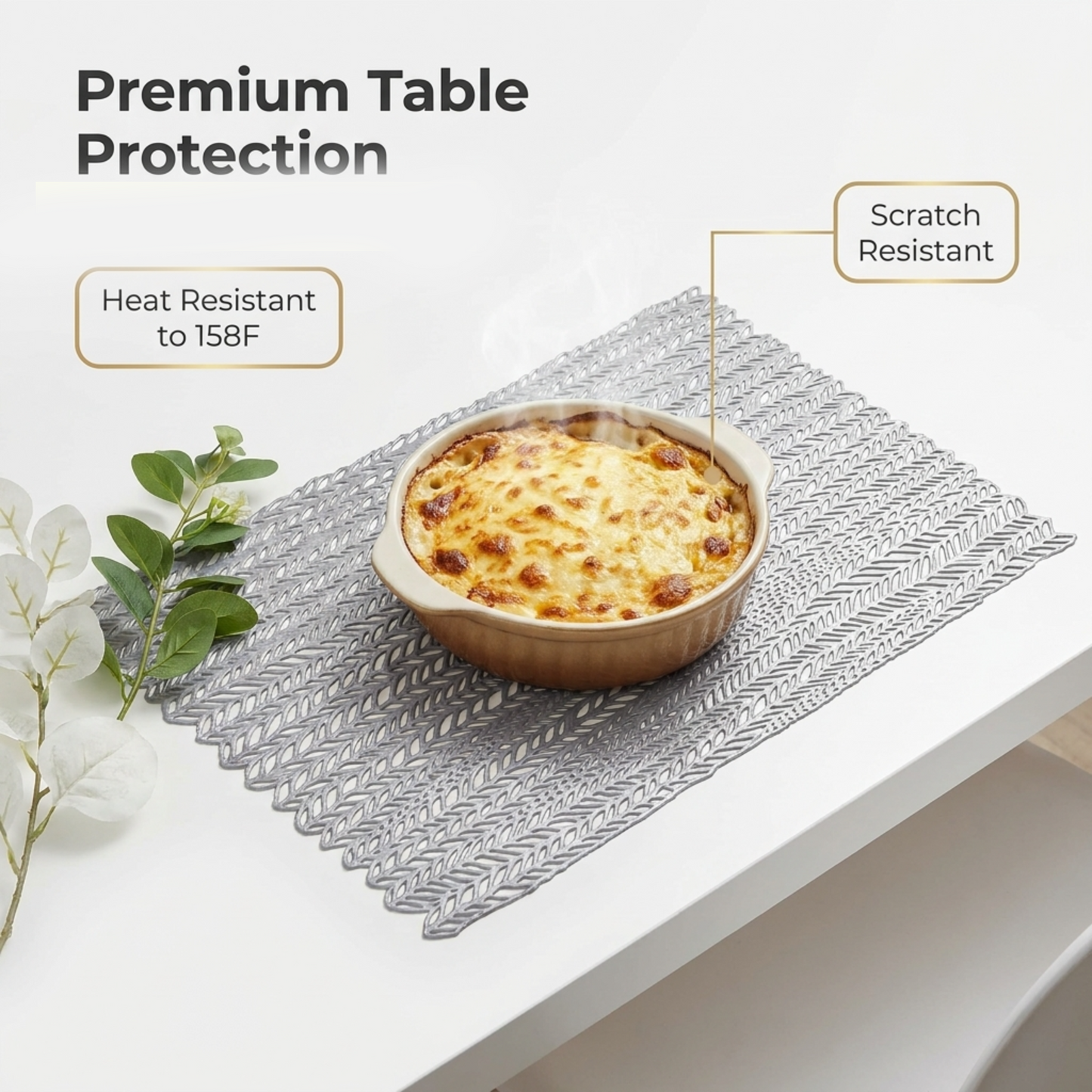 PVC Placemats - Silver Set of 6 | Heat Resistant Non Slip Table Mats for Dining