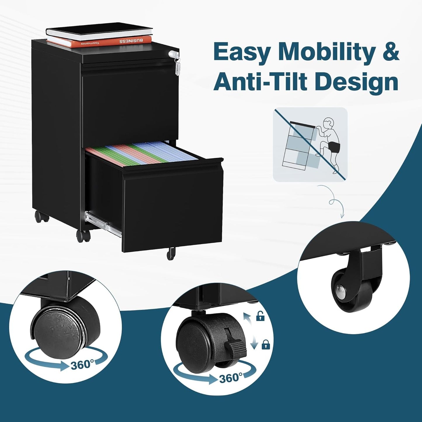 2 Drawer Mobile File Cabinet On Wheels Black For Home Office Under Desk Filing Legal Letter A4