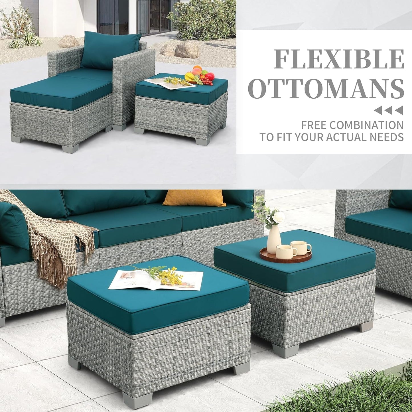 Patio Furniture Set 6 Piece Outdoor Grey Wicker Peacock Blue Cushions featuring flexible ottomans for customizable seating.