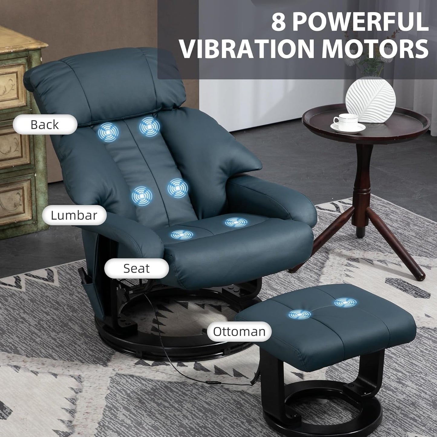 Blue Massage Recliner Chair With 360 Swivel Ottoman