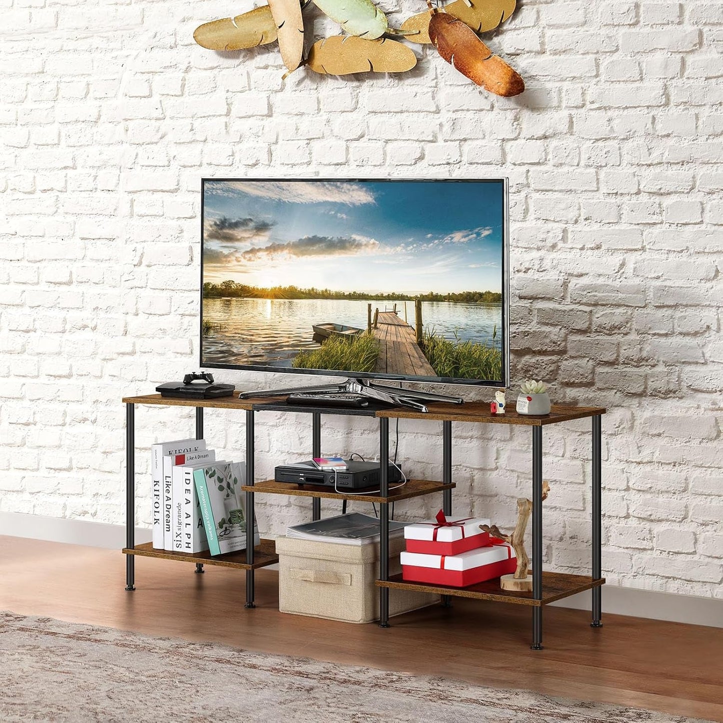 Rustic Brown 50 Inch TV Stand With Power Outlets And Shelf