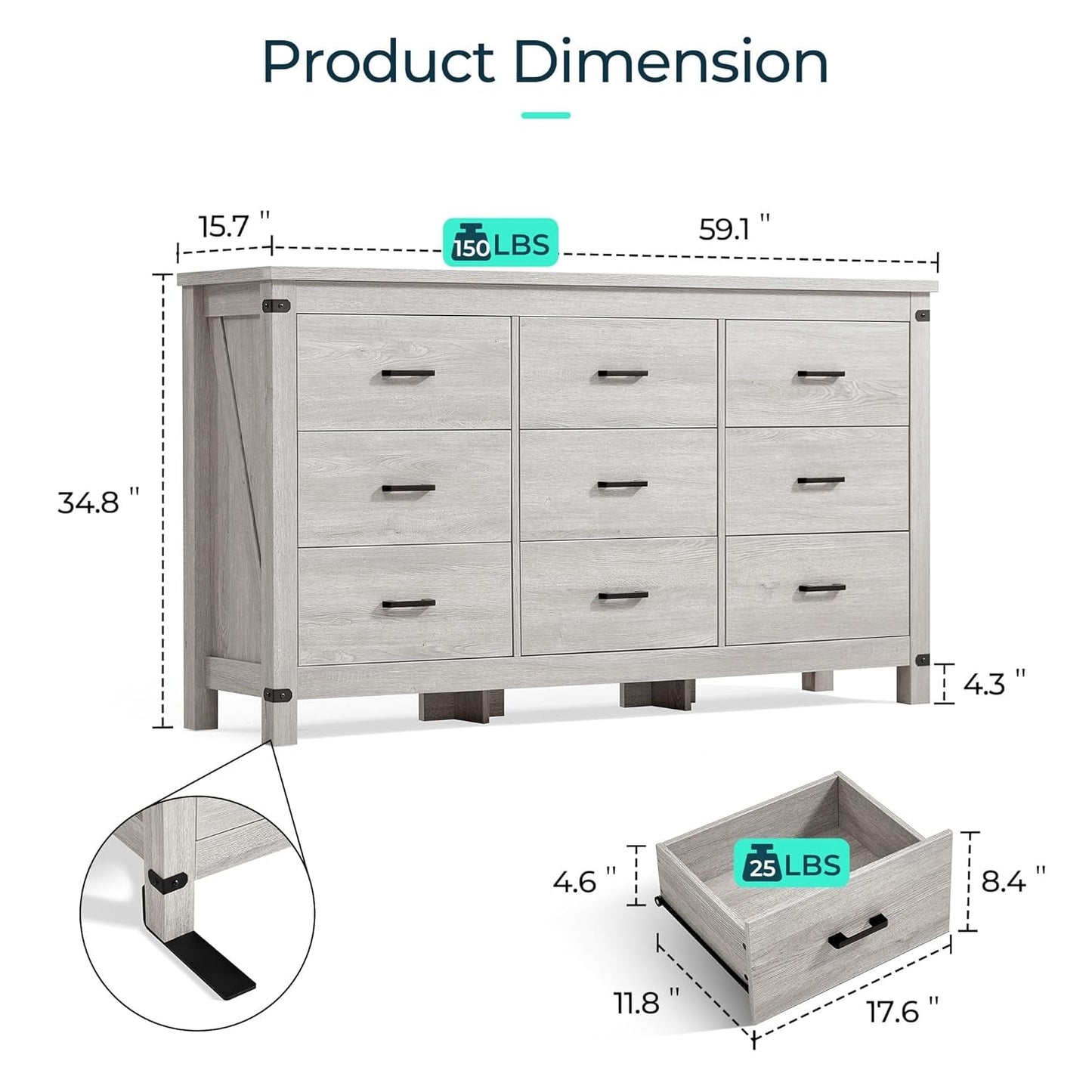 59 Inch Washed Grey Modern Farmhouse DresserWithNineDrawers
