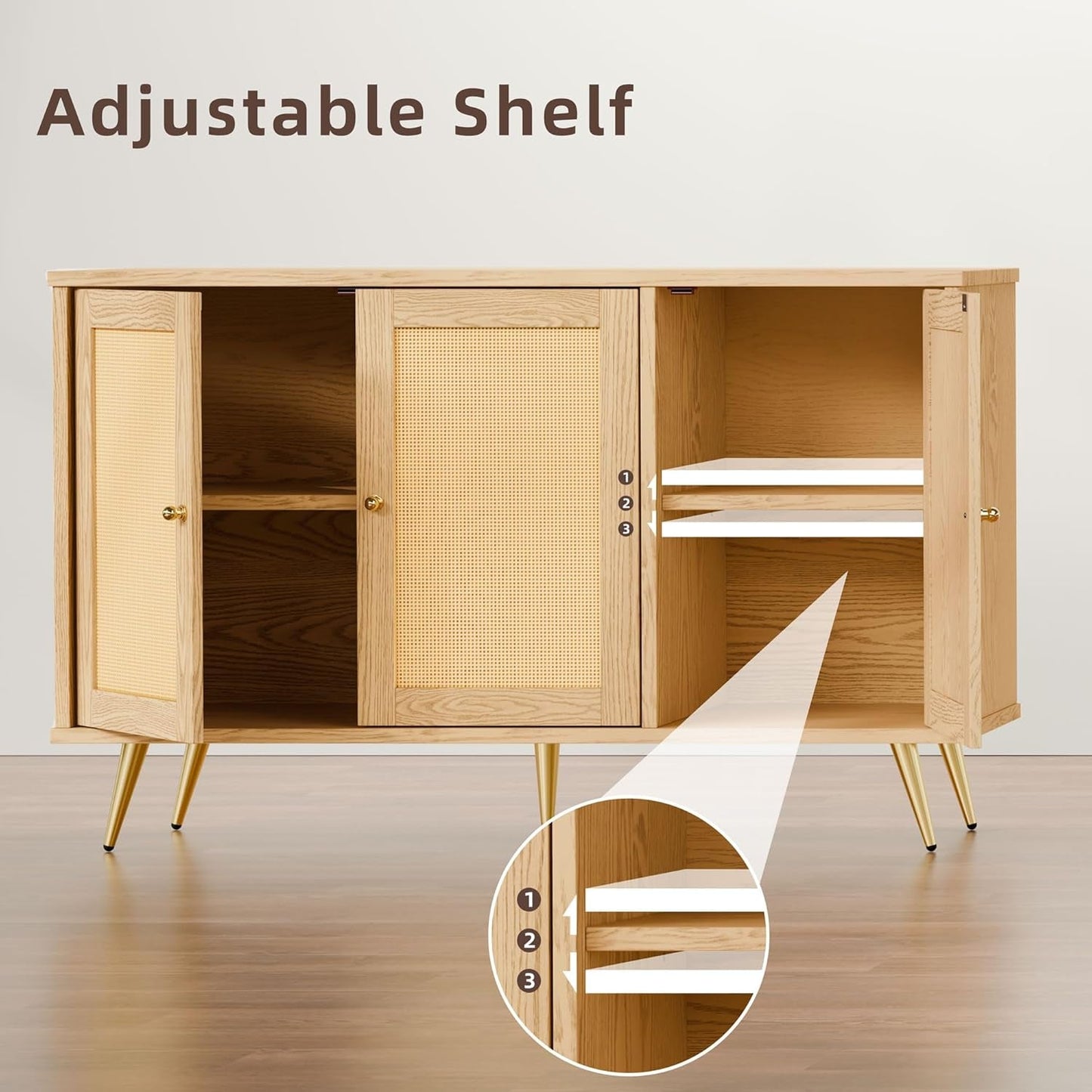 Natural Finish Buffet Cabinet Pair With Rattan Doors
