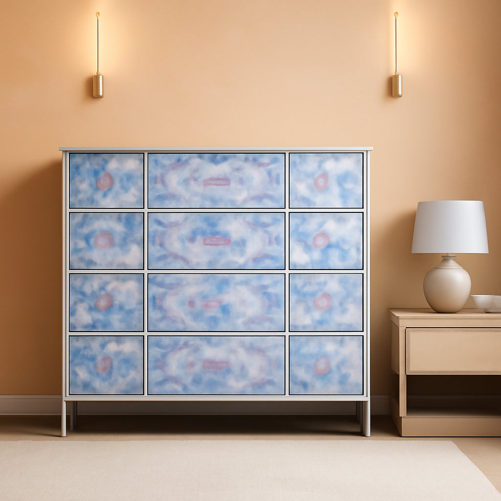 Kids Dresser With 12 Drawers White Finish For Nursery displayed in a nursery setting, featuring a modern design and light blue drawers.
