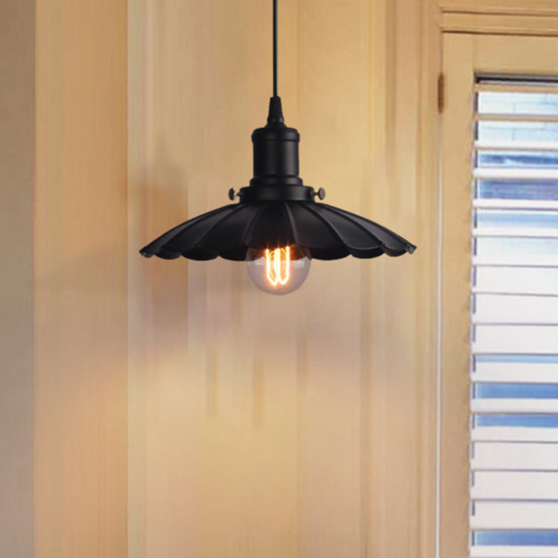 Vintage Industrial Hanging Lamp, Black Scalloped Metal, Indoor Ceiling Light Fixture, 1-Bulb, 10"/12" Diameter