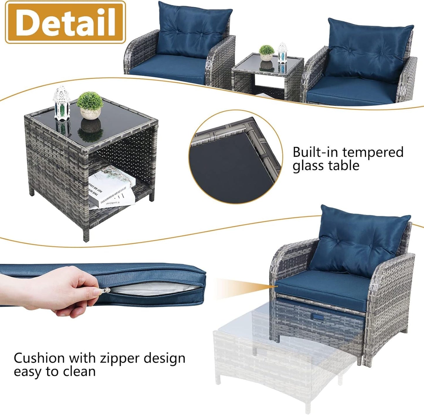 5 Pieces Wicker Outdoor Patio Chairs Set With Ottoman Blue