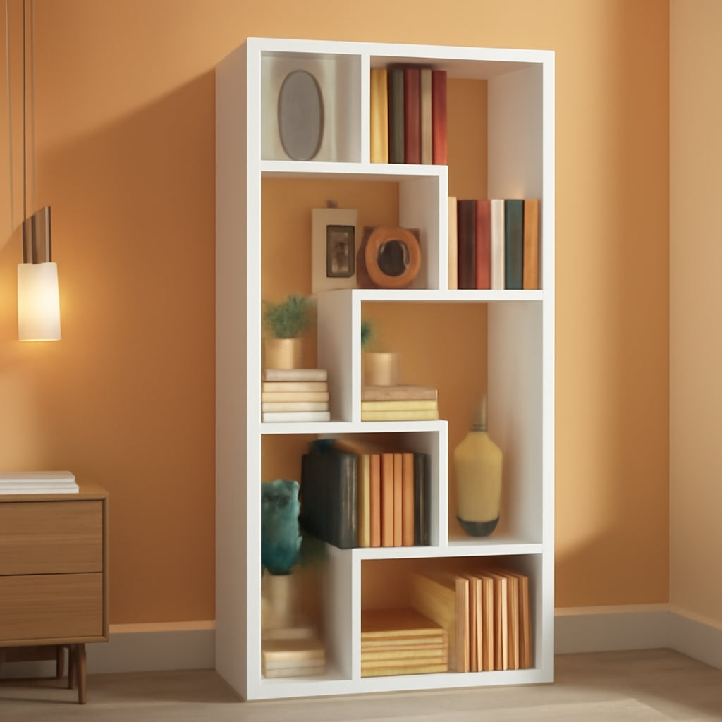 Geometric 6 Shelf Industrial Bookcase White Tall Storage