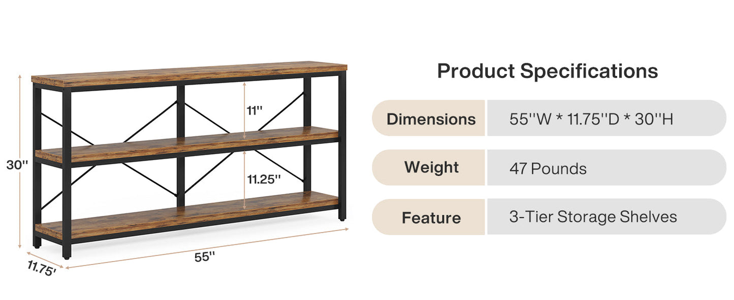 55” Industrial Console Table with Storage Shelves – Rustic