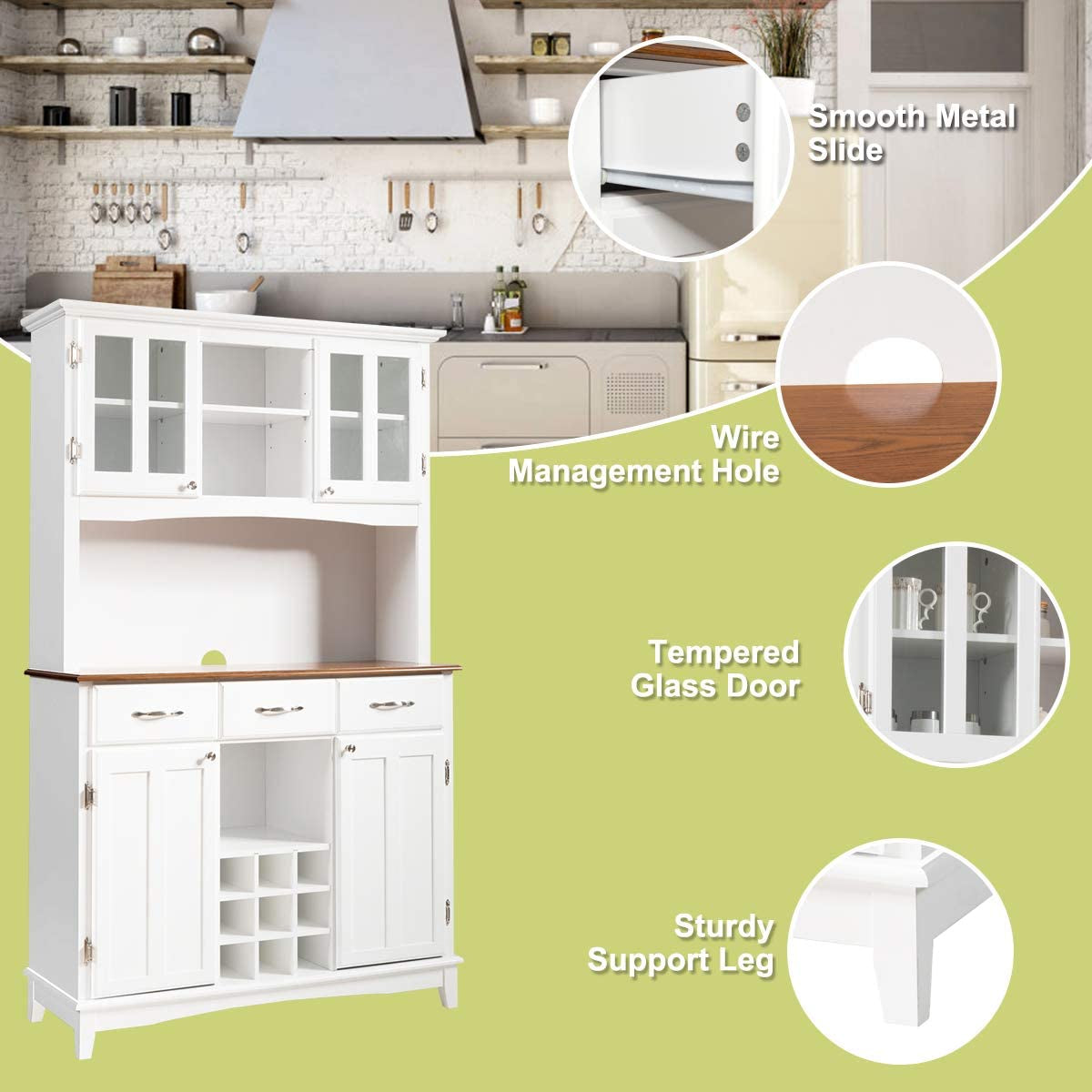 White Kitchen Hutch Sideboard With Built In Wine Rack
