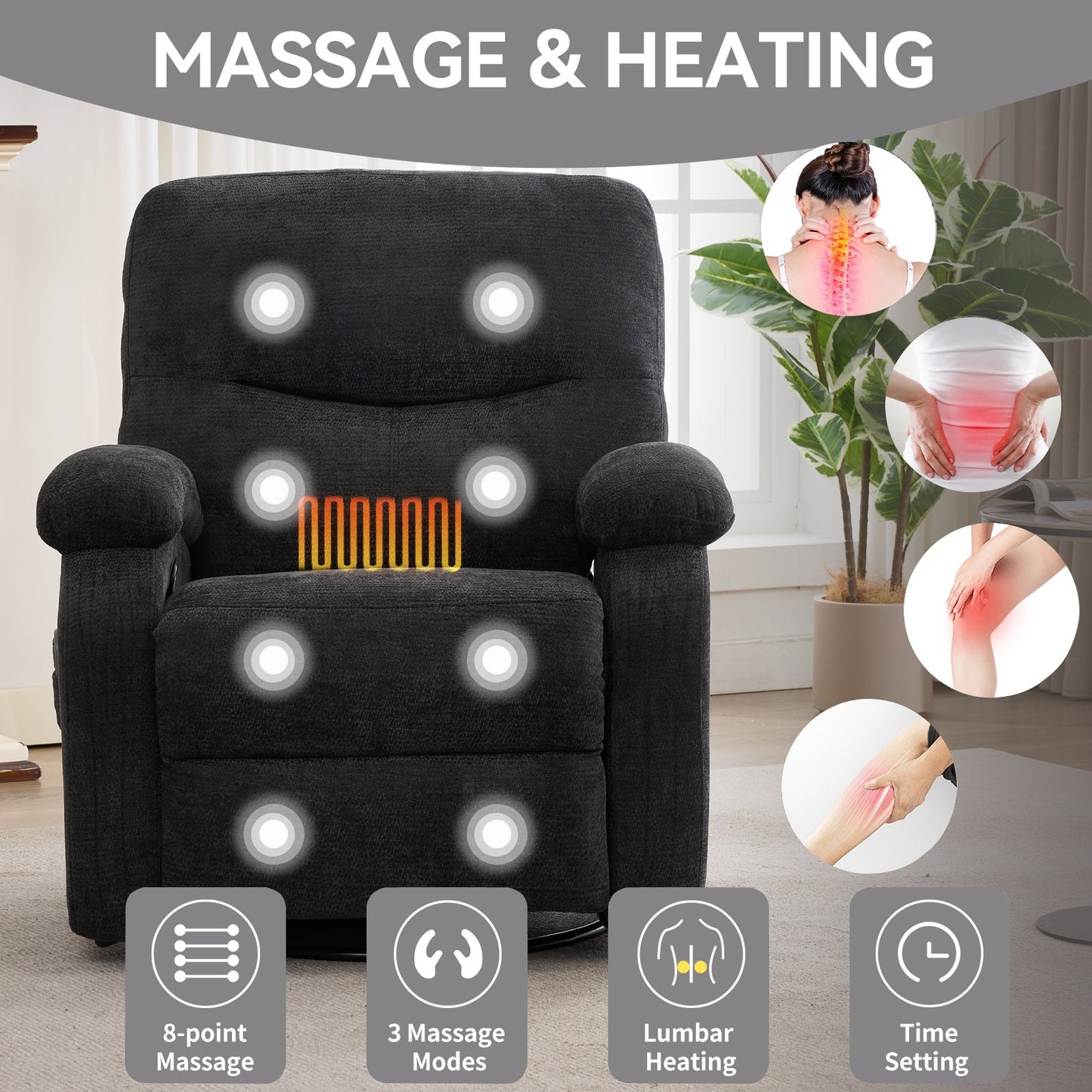 Hot massage manual lounge chair, with rocker arms and rotating fabric, with cup bucket, for living room, black