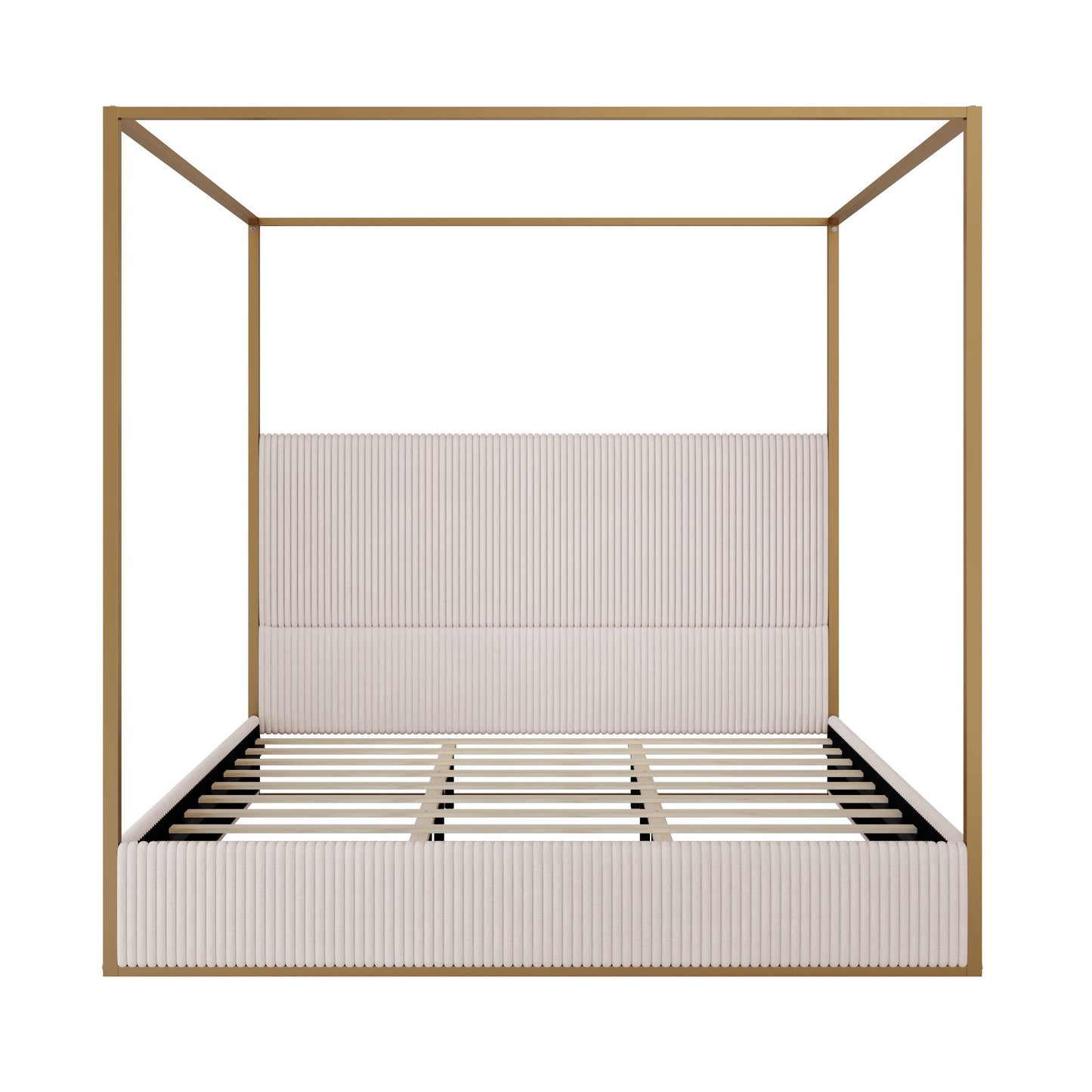 Modern Luxury Metal Canopy Bed with Tall Corduroy Upholstered Headboard