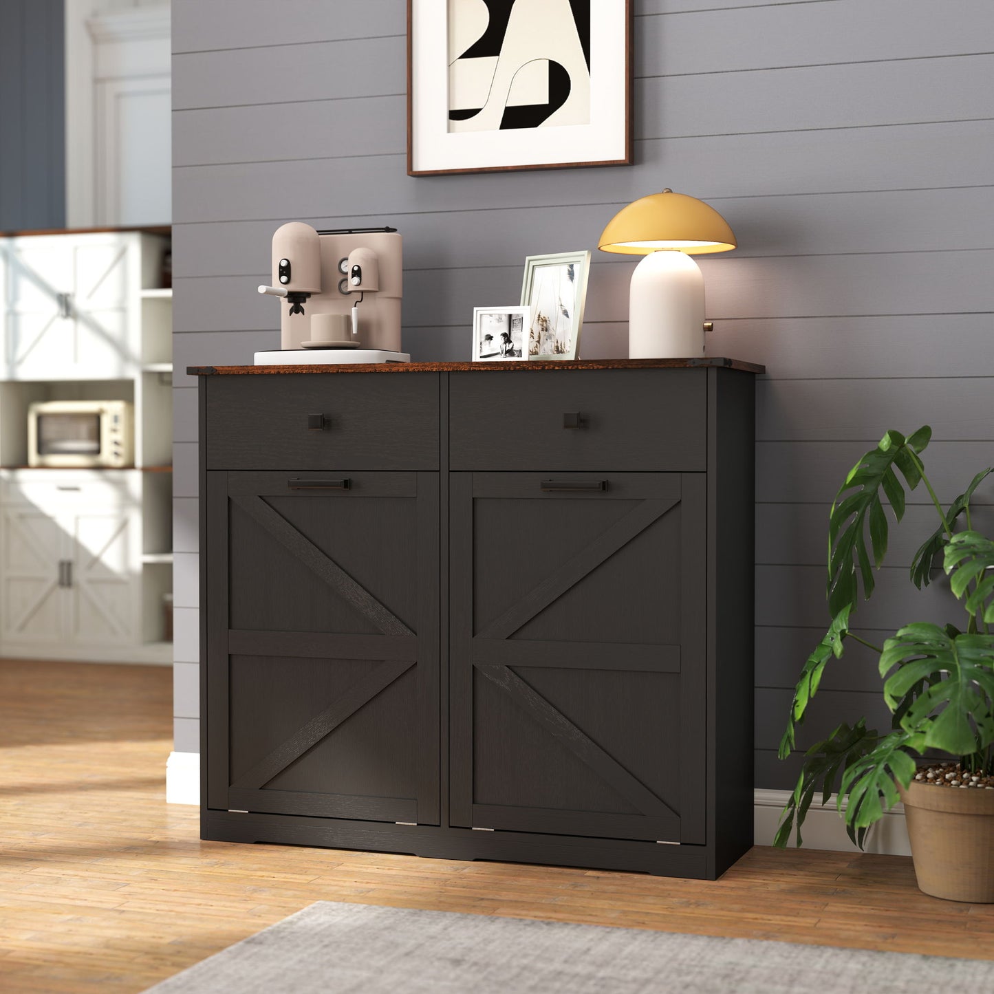 Double Tilt-Out Trash Cabinet With Hideaway Drawer and Barn Door Style