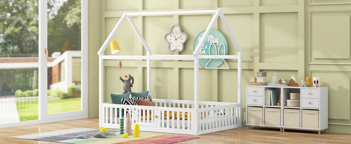 Full Size Wood House Bed with Fence and Door