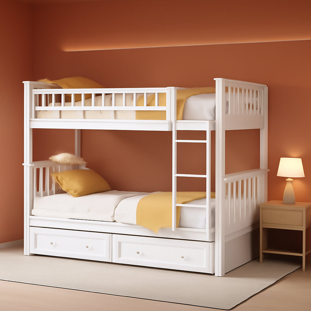 White Convertible Wood Twin Over Twin Bunk Bed With Storage Drawers