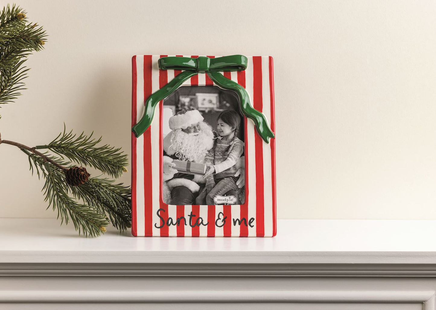 Christmas Bow Red & White Stripe Ceramic Photo Frame