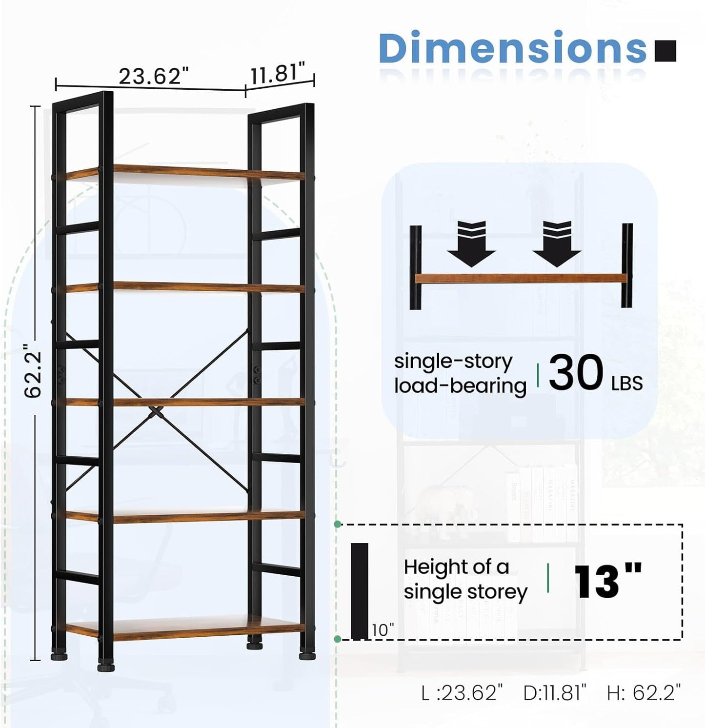 Rustic Brown Five Tier Bookshelf Narrow Space Saver