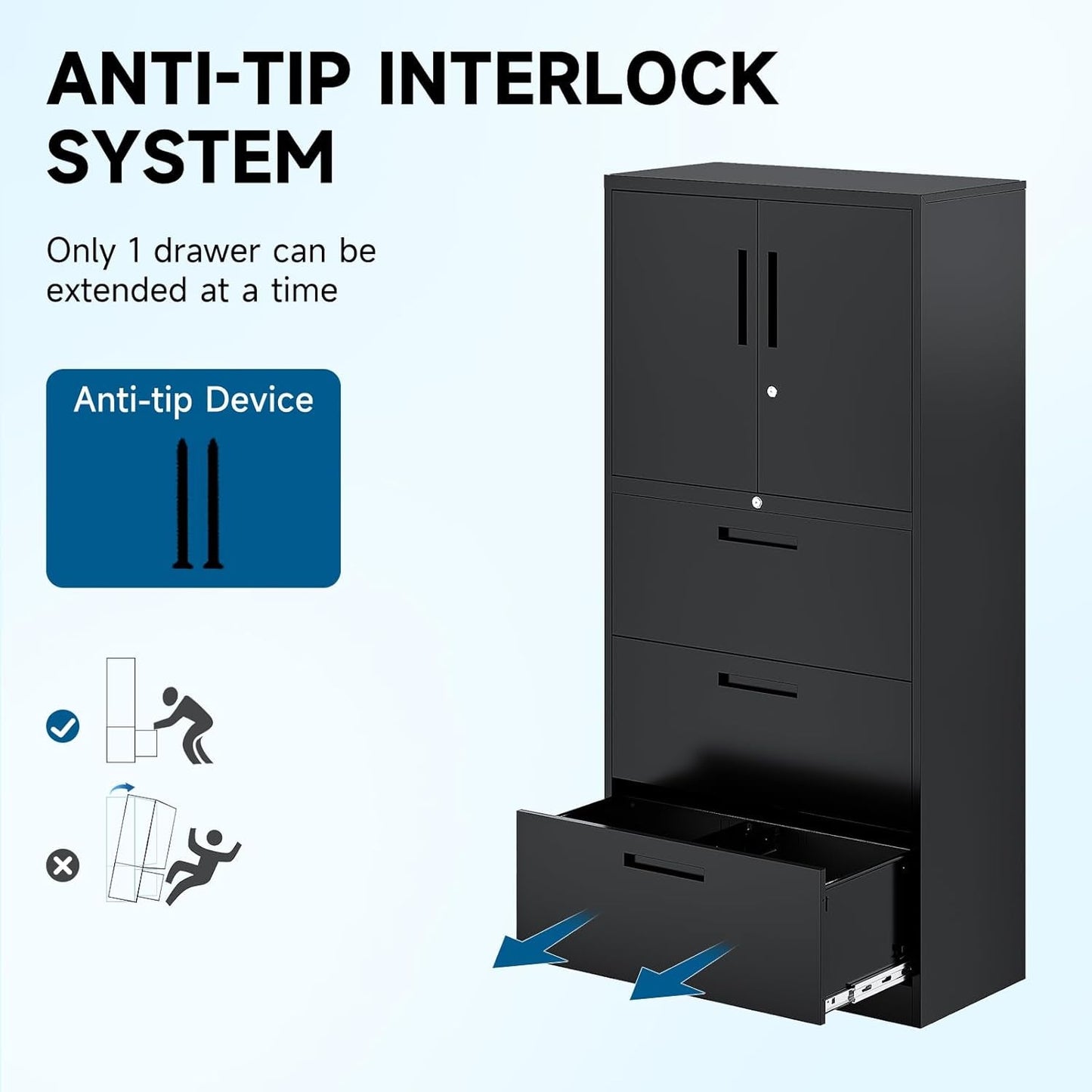 Three Drawer Metal File Cabinet Locking With Storage Shelves Black For Legal Letter A4 Documents