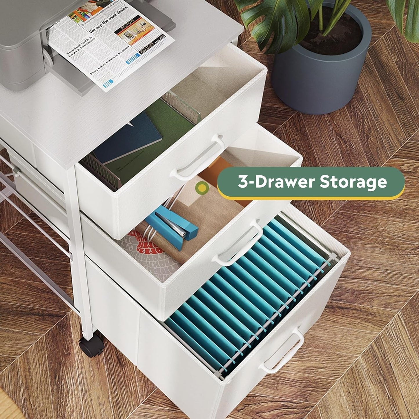 Mobile File Cabinet With 3 Drawers Rolling In White