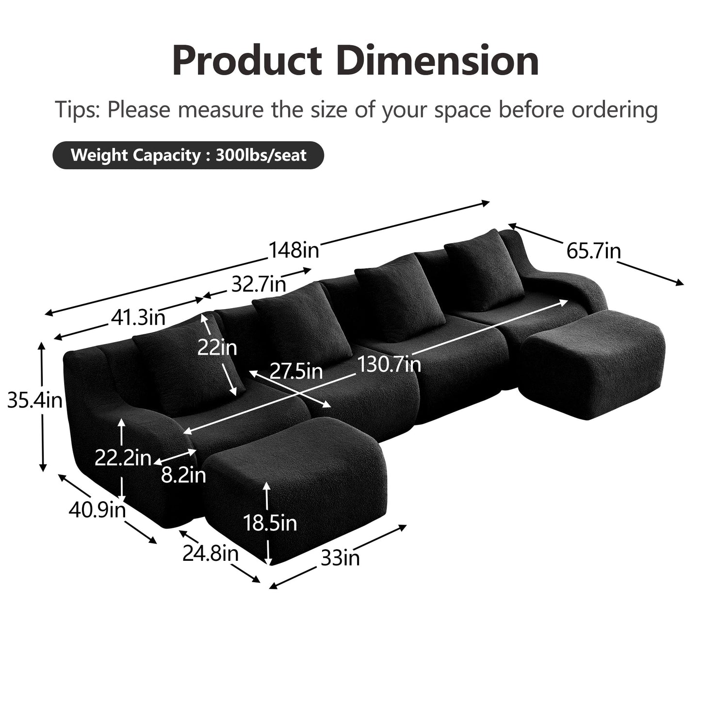 U-Shaped Boneless Sofa,Teddy Fabric No assembly required Curved armrest,Anti-slip Design,Streamlined Design 32D High Density Sponge,Full Compression Vacuum Packag,For Studies living Rooms,Black