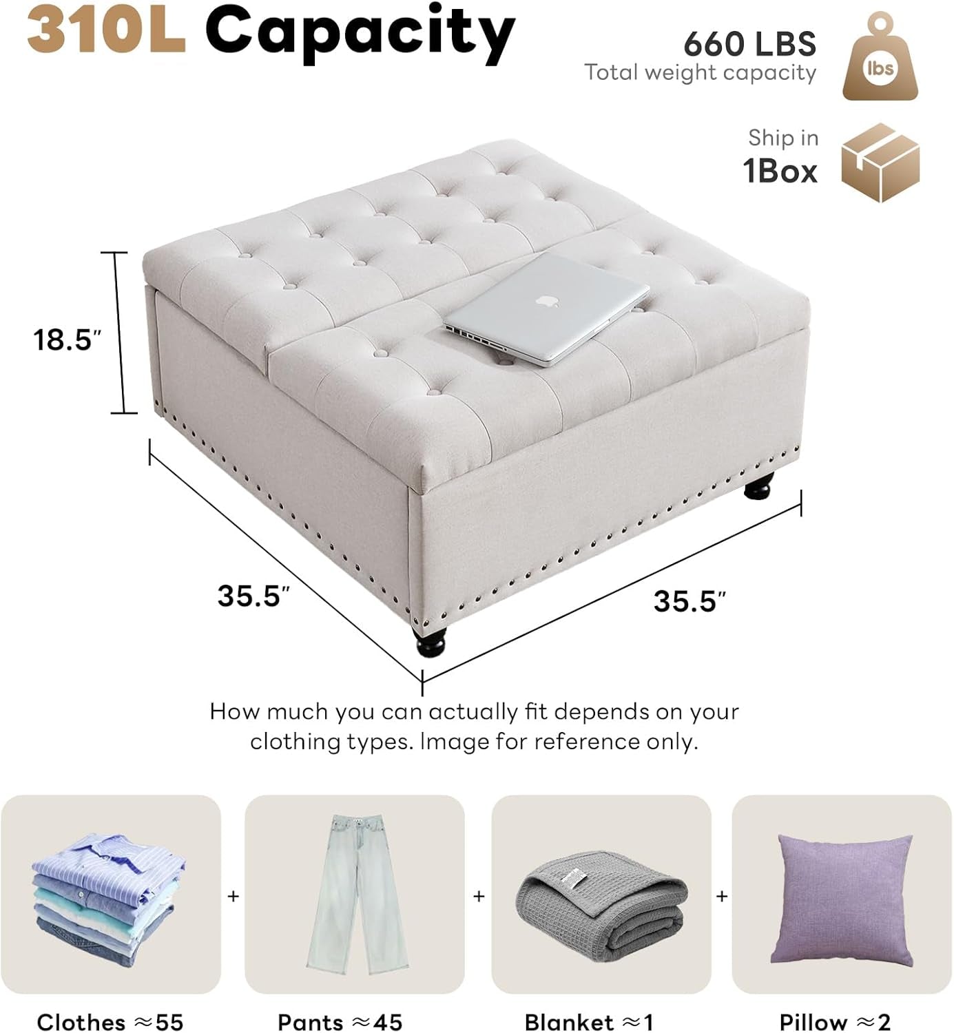 Beige Oversized Storage Ottoman Featuring Lift Top
