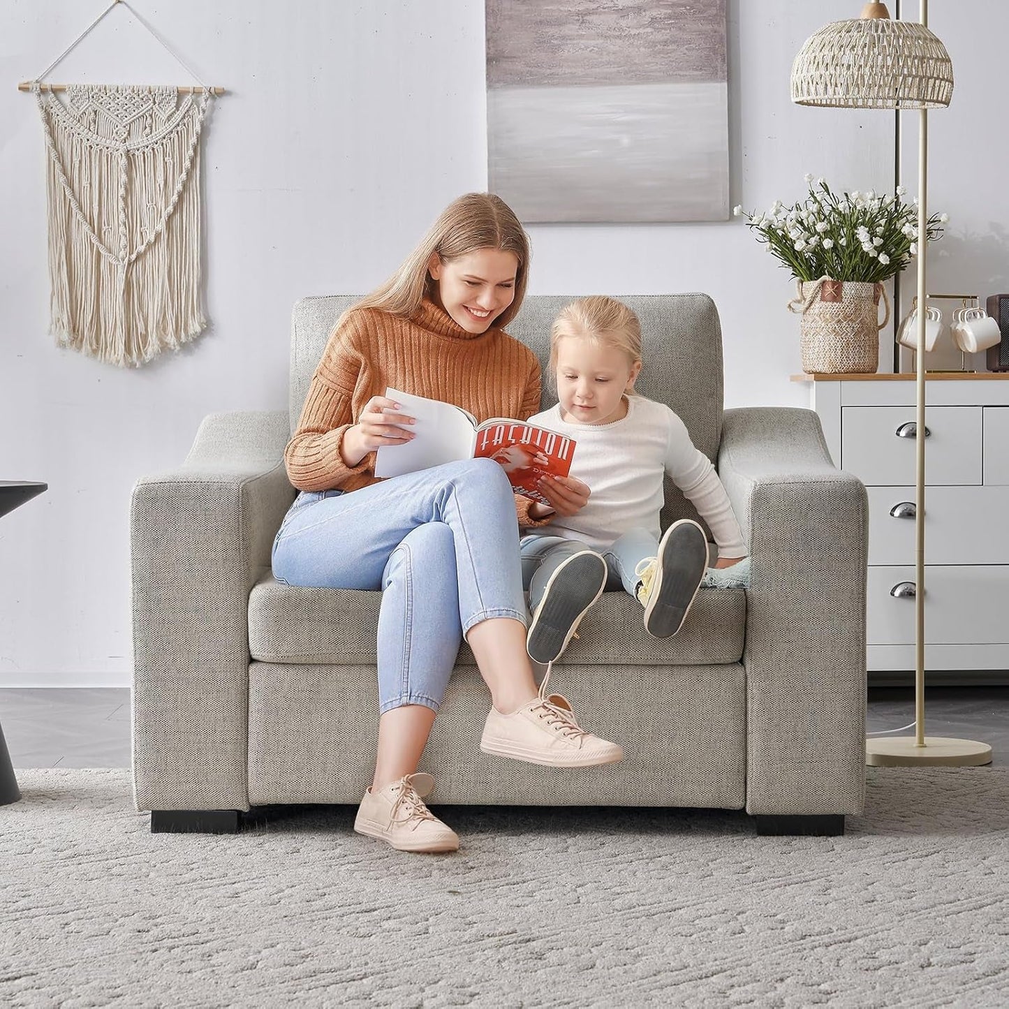 47 Inch Linen Fabric Armchair Pair Oversized Oatmeal