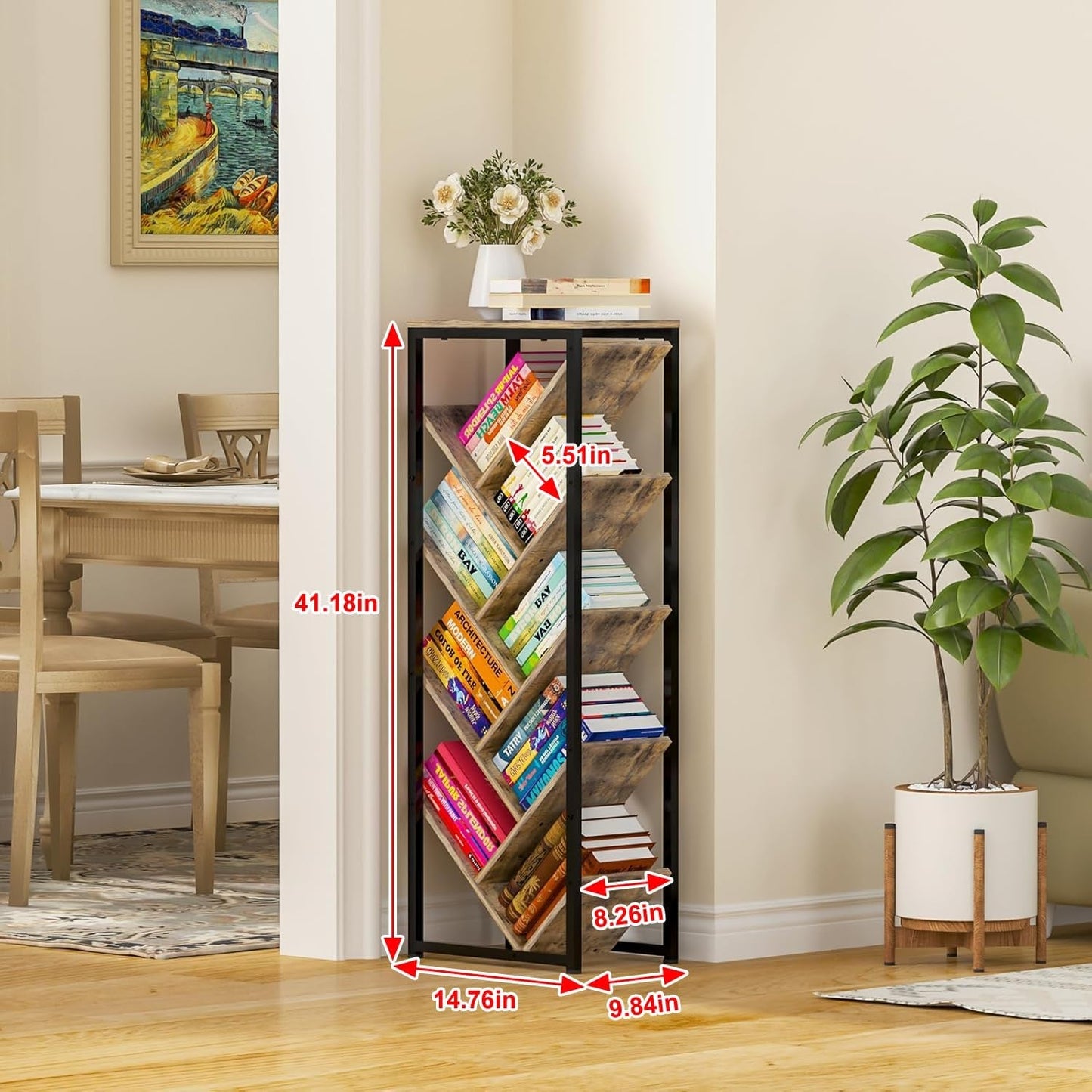 Tree Bookshelf 9 Tier Floor Standing Wooden Bookcase For Small Spaces