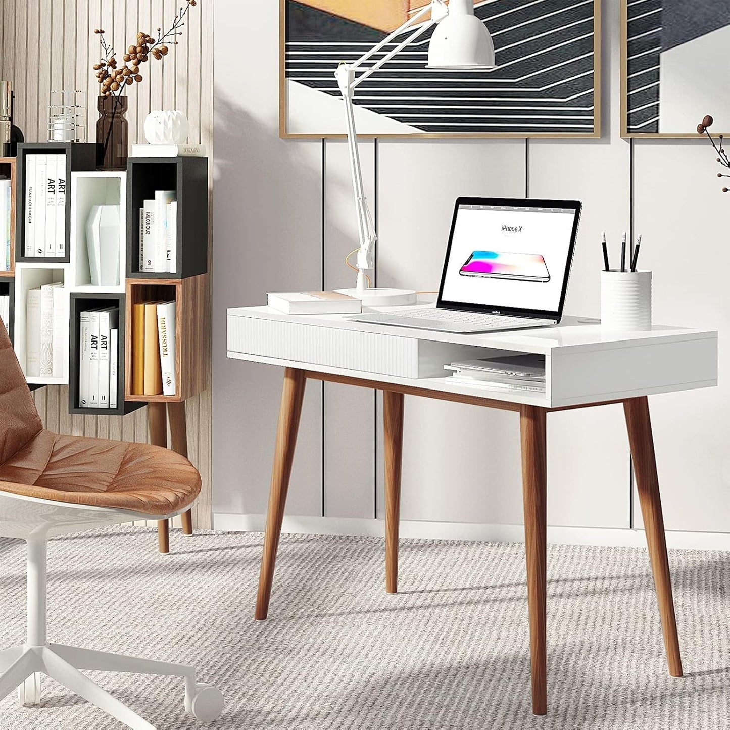 White Writing Desk With Drawers Mid Century Modern