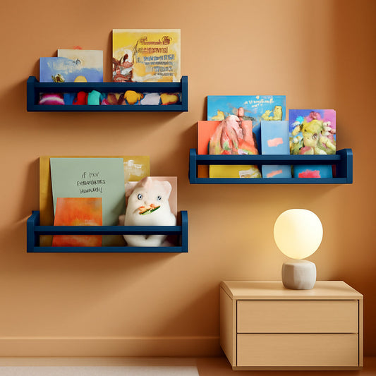 Navy Blue Floating Book Shelves Set of 4 Wall Mounted