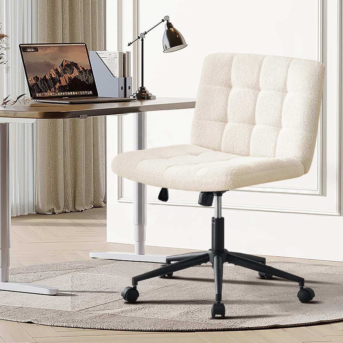 Swivel Faux Fur Armless Desk Chair With Wheels Height Adjustable