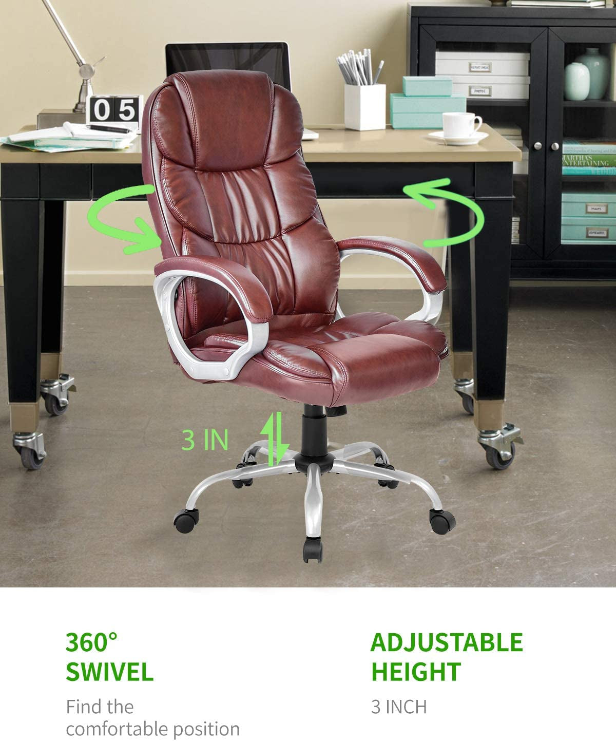 Ergonomic High Back Office Chair Adjustable PU Leather With Armrests Brown