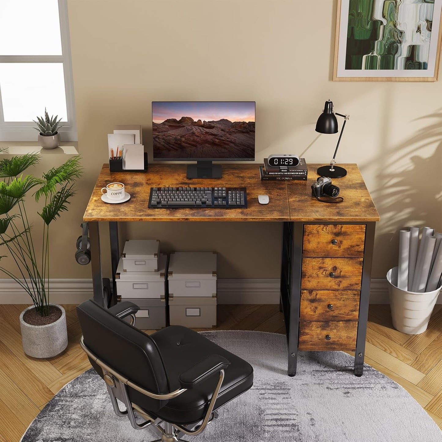 47 Inch Computer Desk With Fabric Drawers Rustic Brown