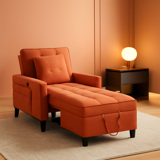 Three In One Velvet Orange Convertible Sleeper Chair