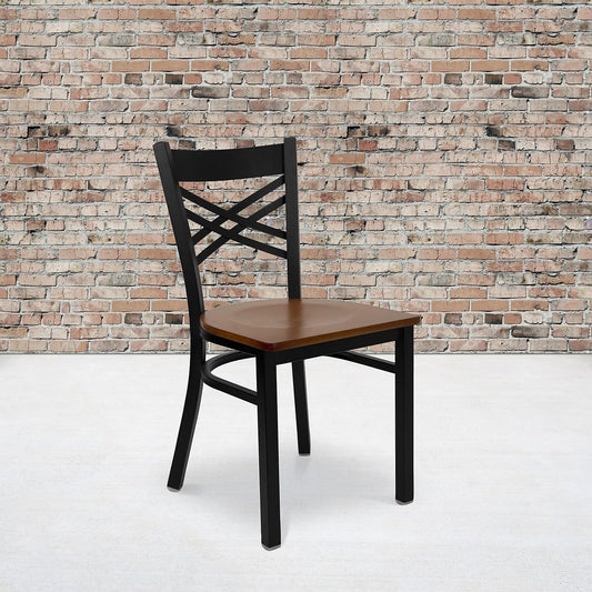 2 Pack HERCULES Series Black X Back Metal Dining Chairs With Cherry Wood Seats For Home Or Commercial Use