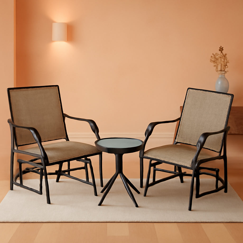 3 Piece Outdoor Glider Chair Bistro Set With Two Sling Chairs And Glass Tabletop Mixed Brown