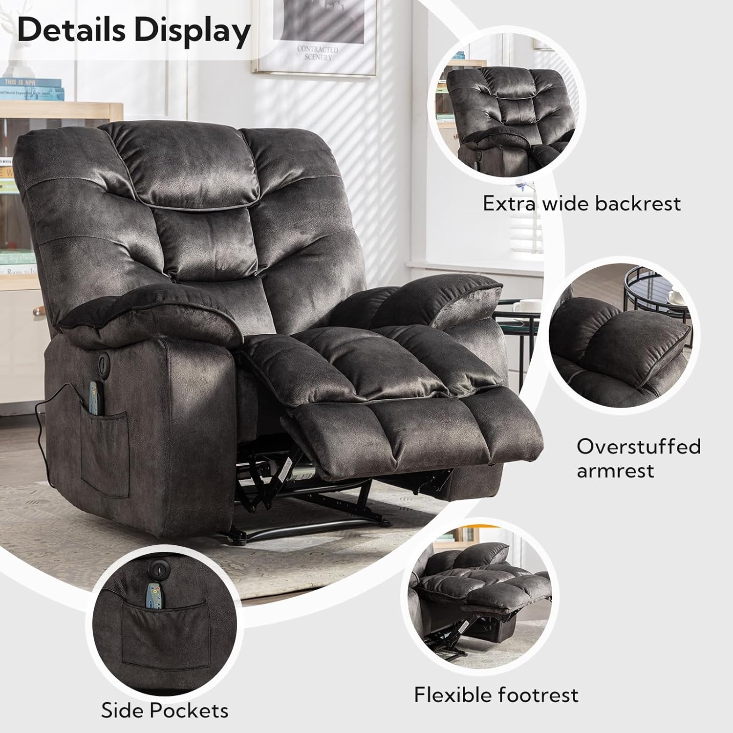 Oversized 41 Inch Power Recliner With Massage And Heat showing details like extra wide backrest and overstuffed armrest.