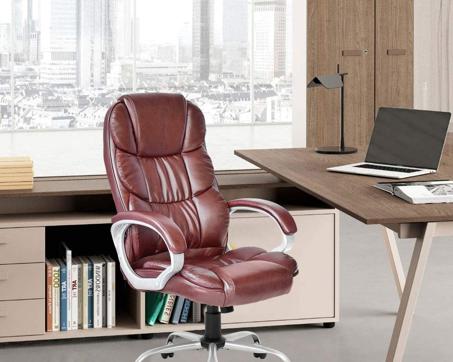 Ergonomic High Back Office Chair Adjustable PU Leather With Armrests Brown