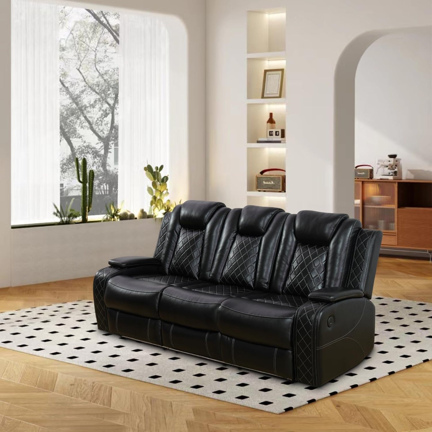 Power Reclining Leather Sofa Set With USB Ports Black