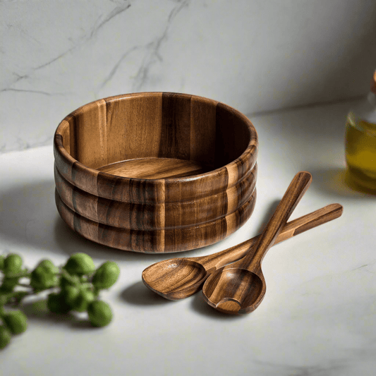 Acacia Wood Salad Bowl with Servers – Handcrafted Large Wooden Serving Bowl
