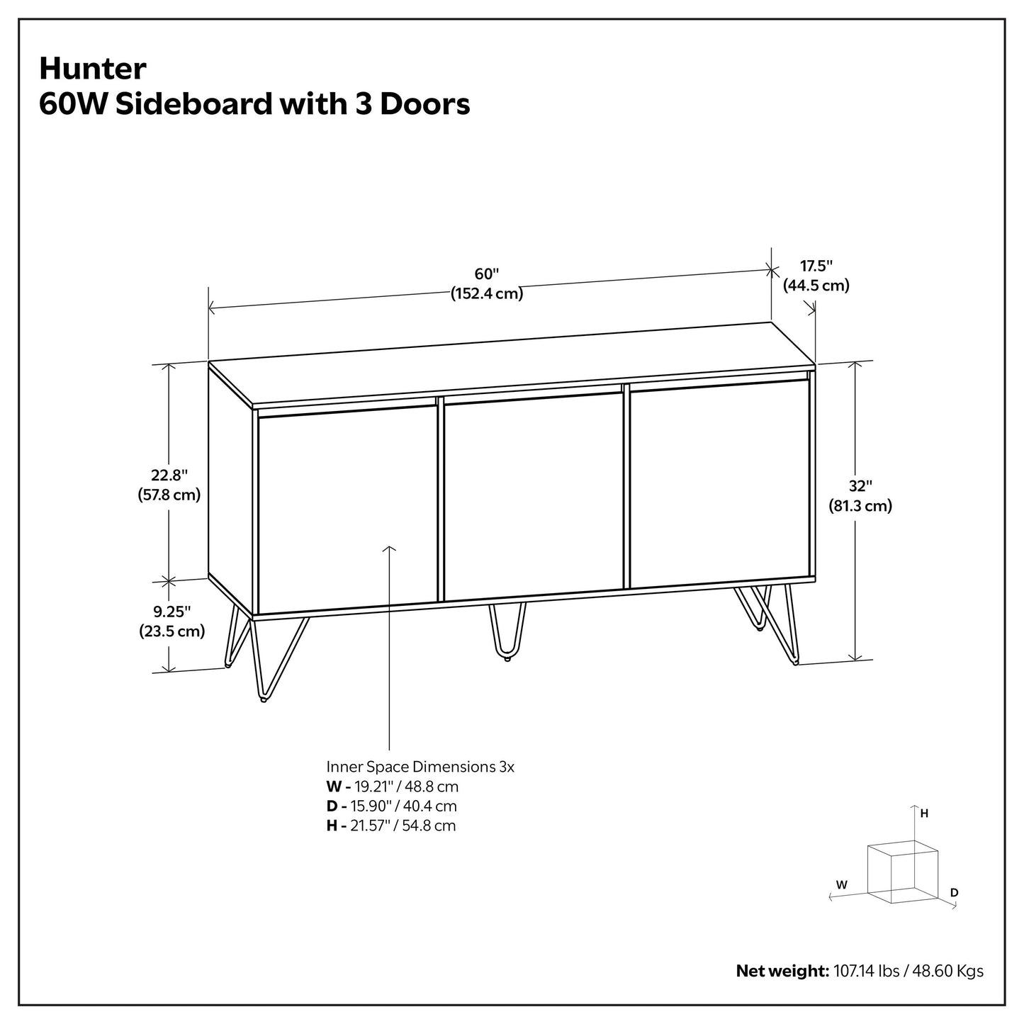 Hunter 60 Inch Wide Solid Mango Wood 3 Door Sideboard Buffet