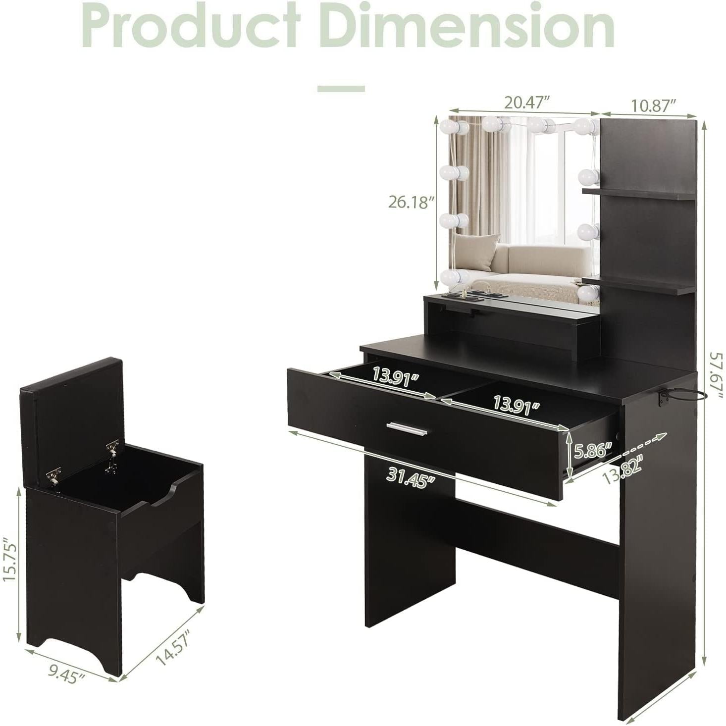 Black Makeup Vanity Table With Lighted Mirror And USB Ports dimensions and design layout with measurements.