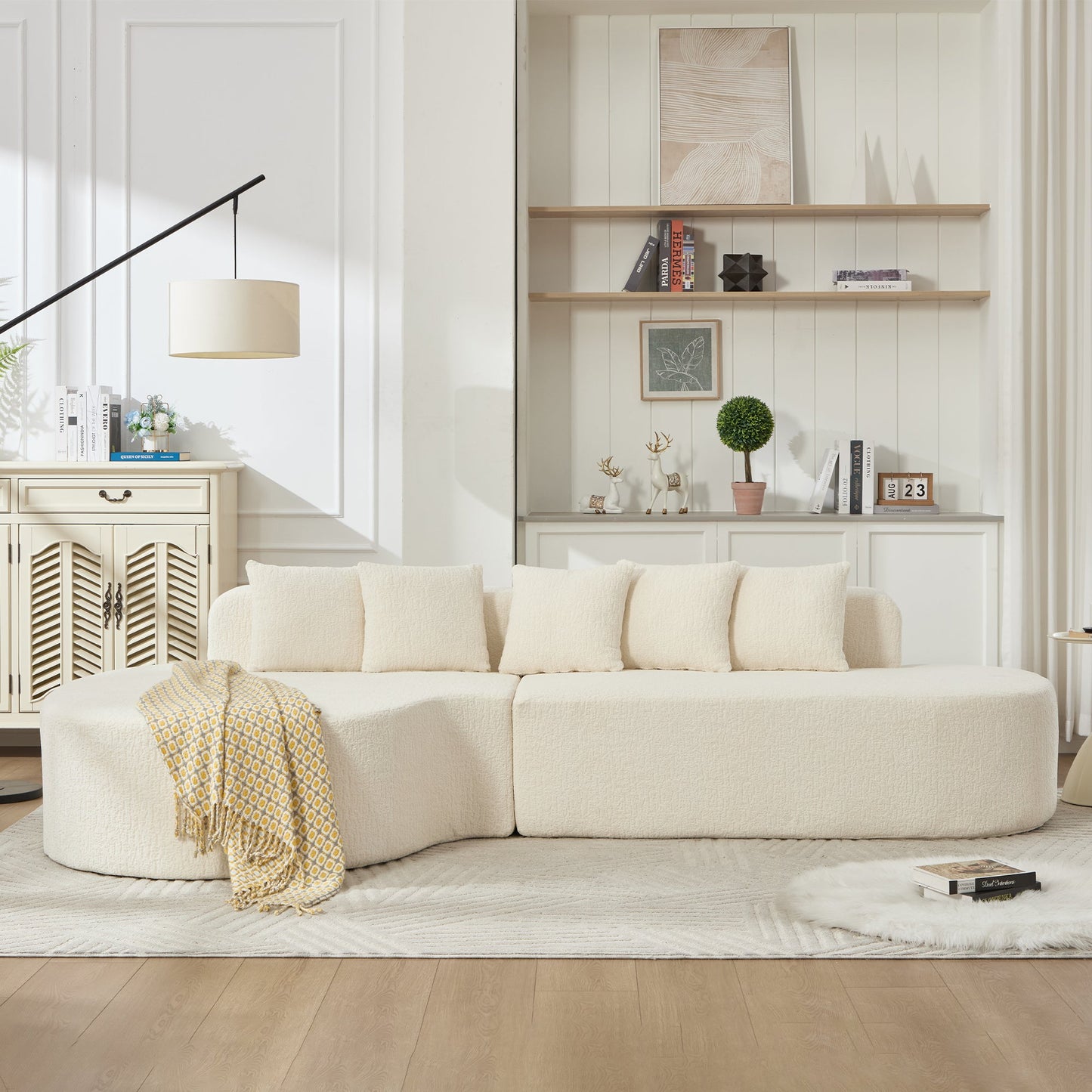 Boneless Curved Sectional Sofa with Pillows - White