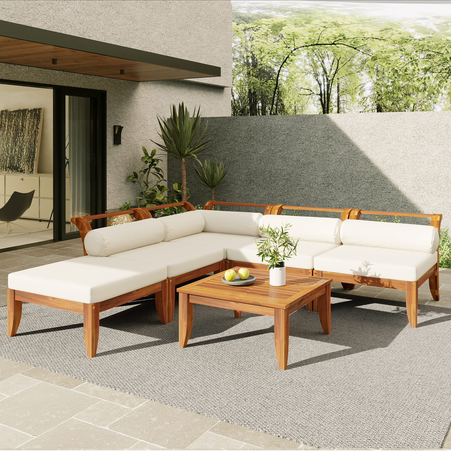 TOPMAX 6 Piece Patio Sofa Set - Acacia Wood Modular Sectional