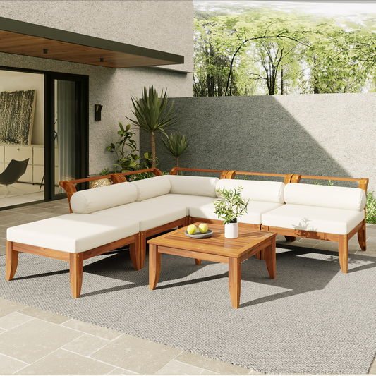 TOPMAX 6 Piece Patio Sofa Set - Acacia Wood Modular Sectional