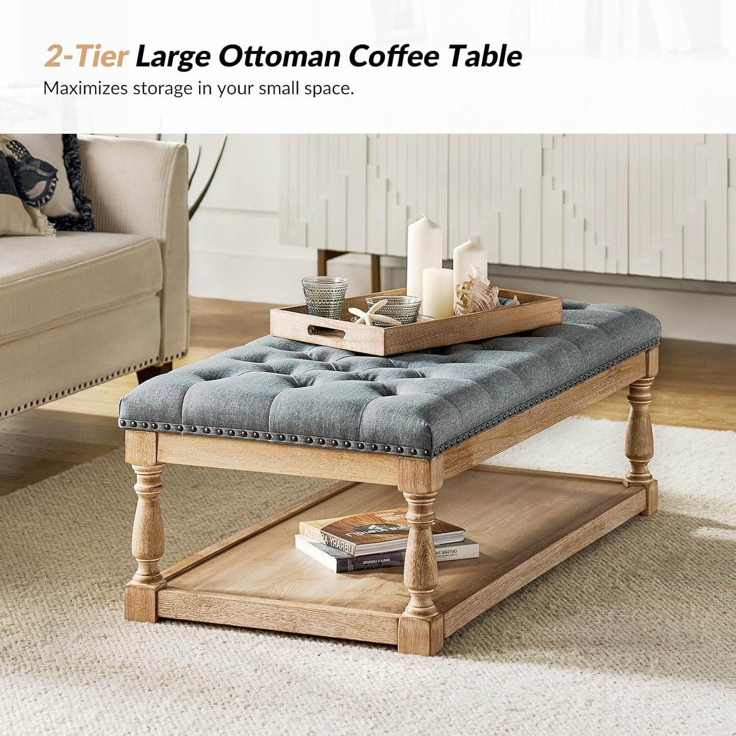 Blue Rectangular Upholstered Ottoman Coffee Table Tray