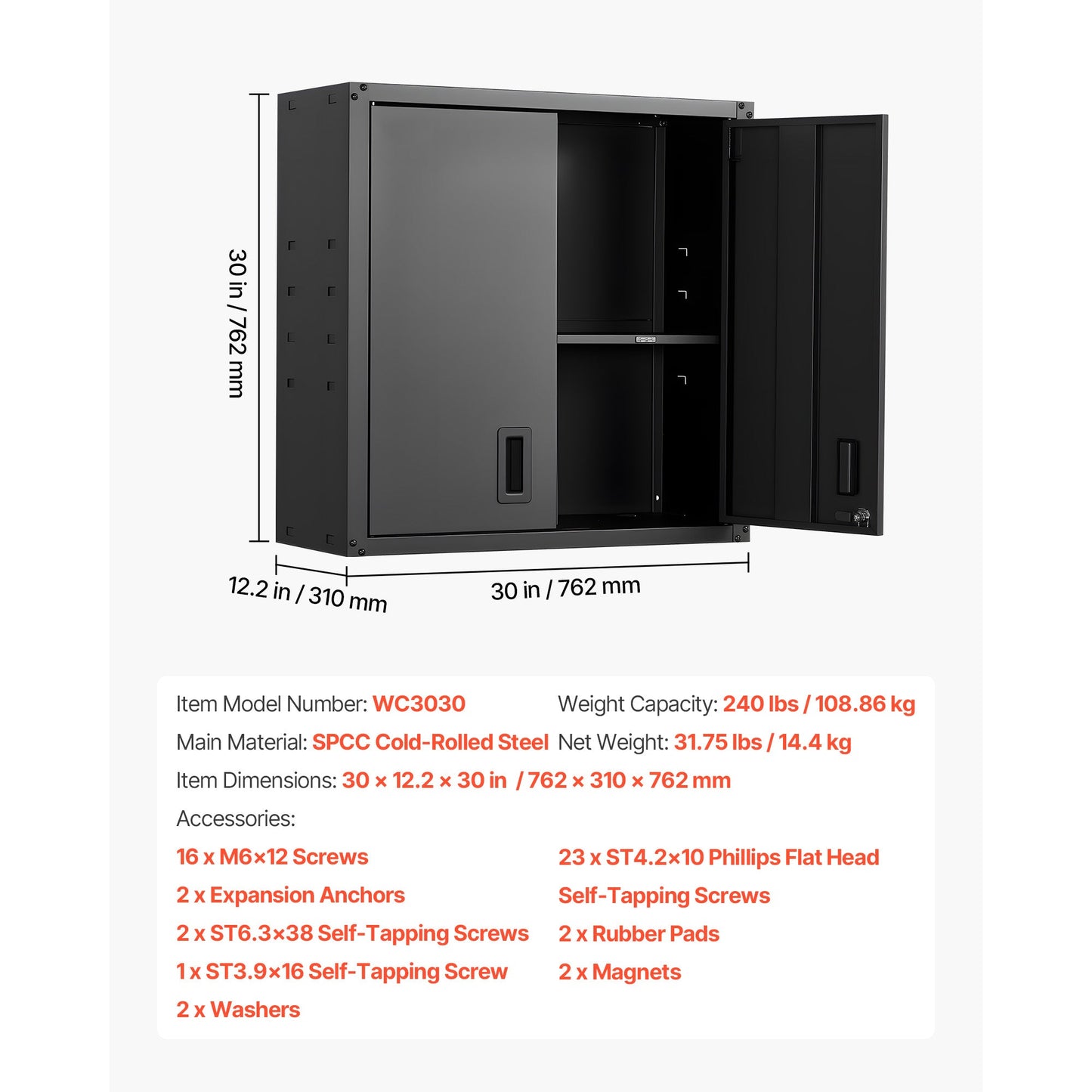 Metal Wall Cabinet, 30W x 12.2D x 30H Inch