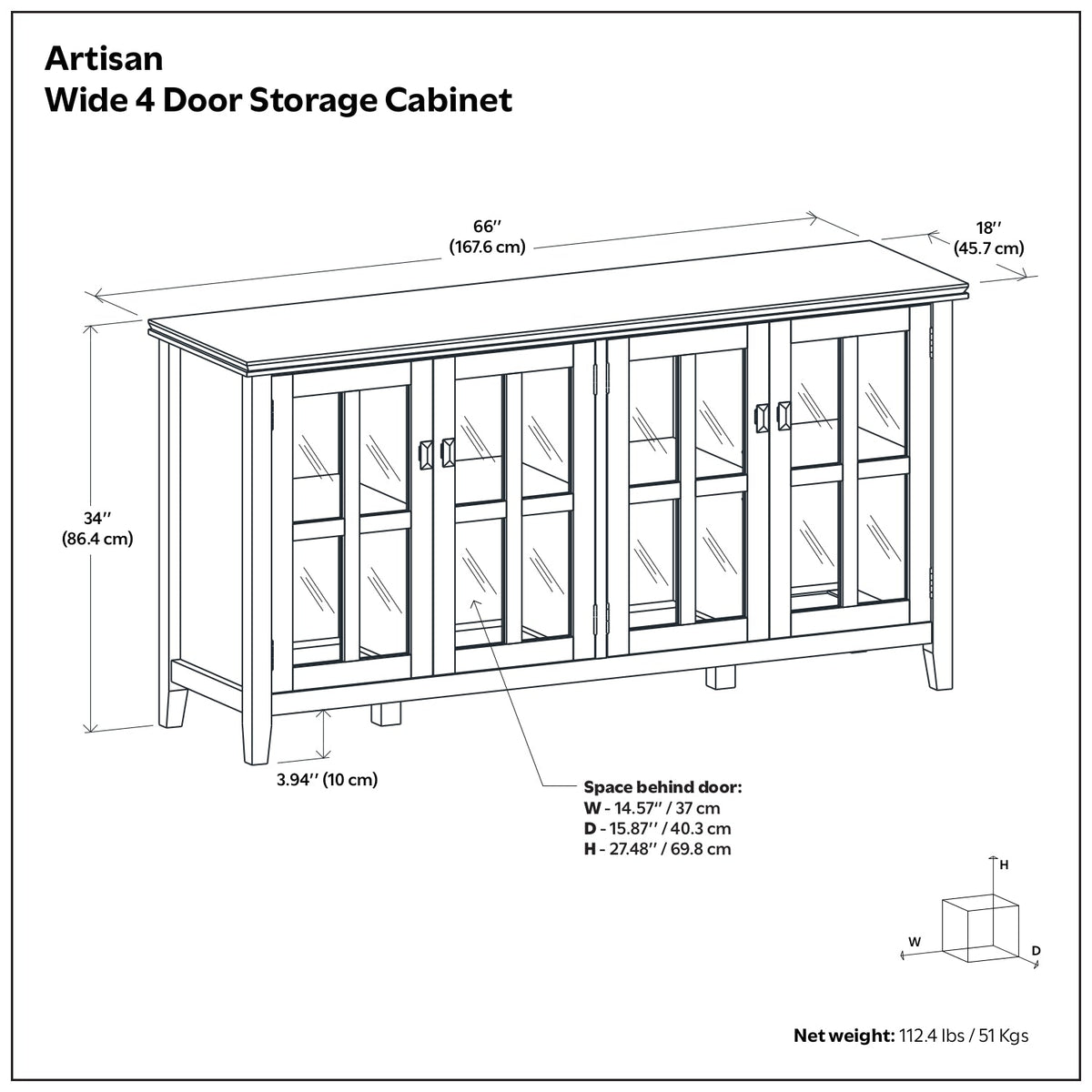 Artisan 66 Inch Wide Solid Wood 4 Door Storage Cabinet